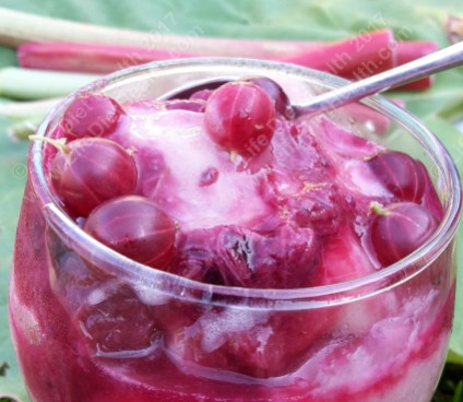 Ice cream with pink gooseberries